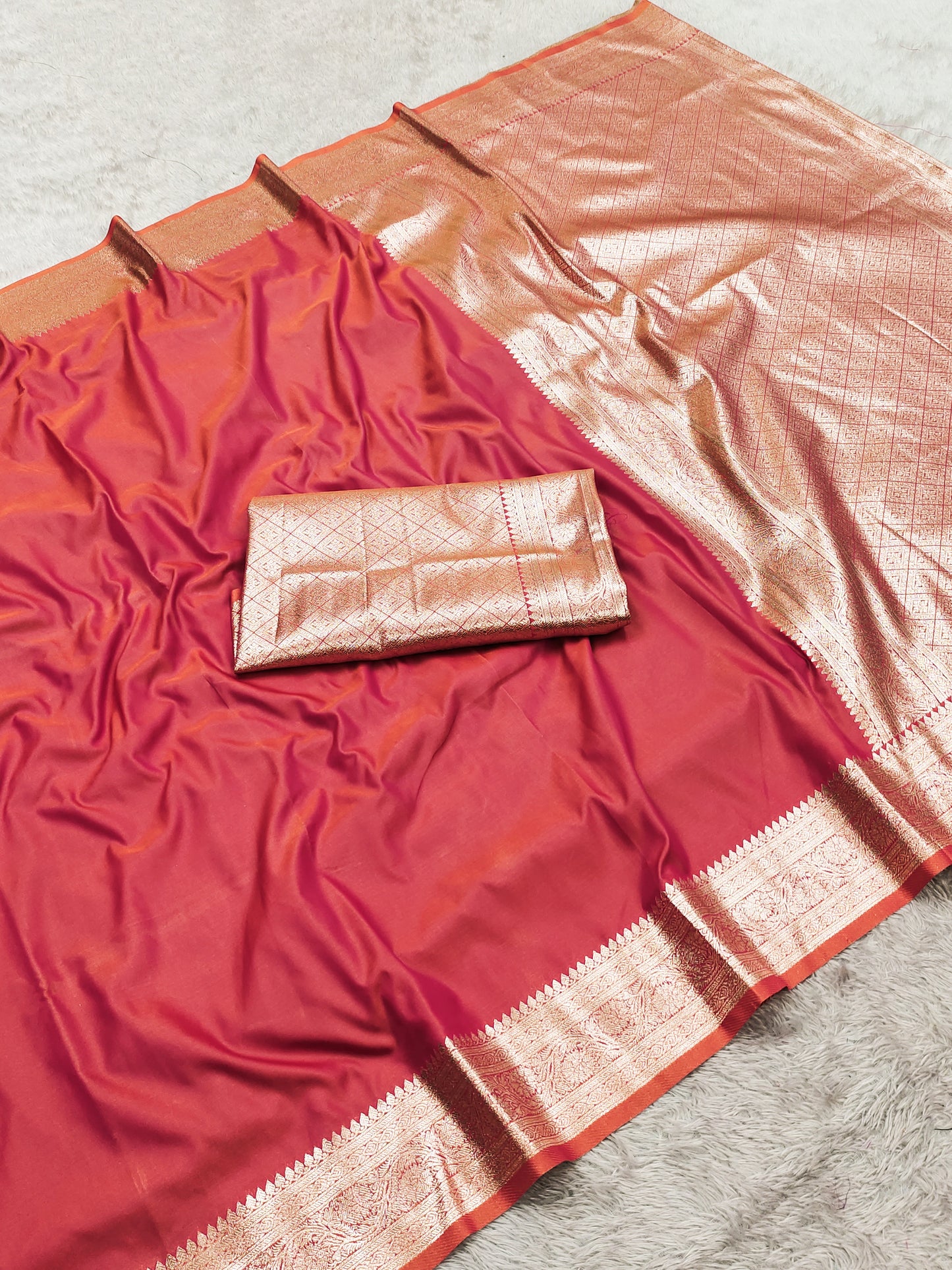 Coral Rose Silk Saree with Antique Gold Zari Border & Rich Woven Pallu