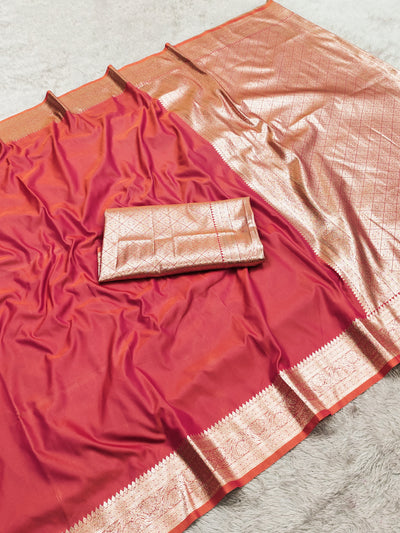 Coral Rose Silk Saree with Antique Gold Zari Border & Rich Woven Pallu