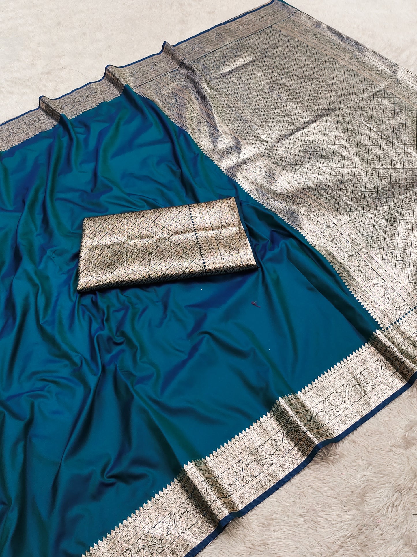 Teal Blue Silk Saree with Silver Zari Border & Elegant Woven Pallu