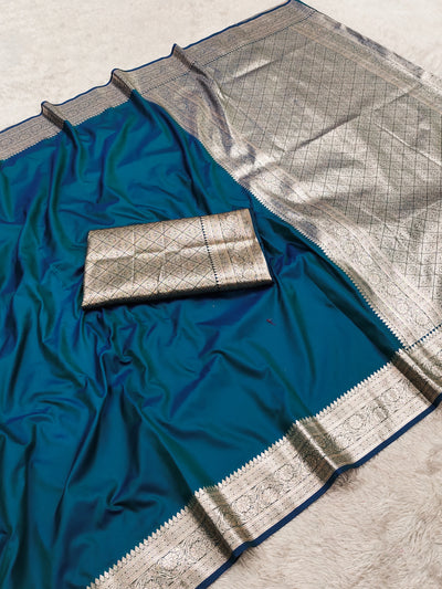 Teal Blue Silk Saree with Silver Zari Border & Elegant Woven Pallu
