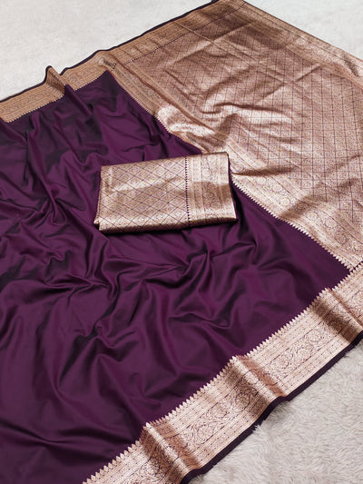 Royal Plum Purple Silk Saree with Antique Gold Zari Border & Grand Woven Pallu