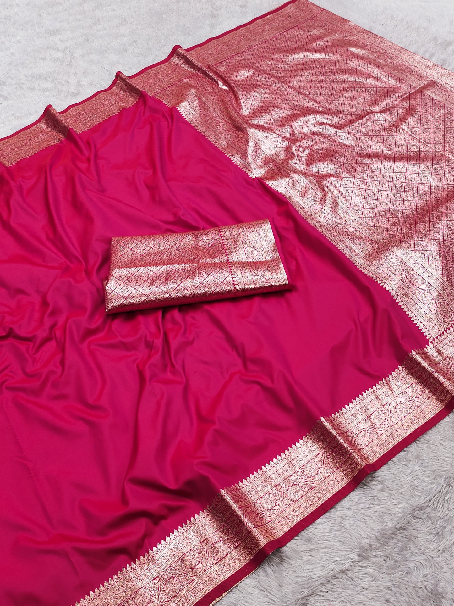 Rani Pink Silk Saree with Antique Gold Zari Border & Grand Woven Pallu