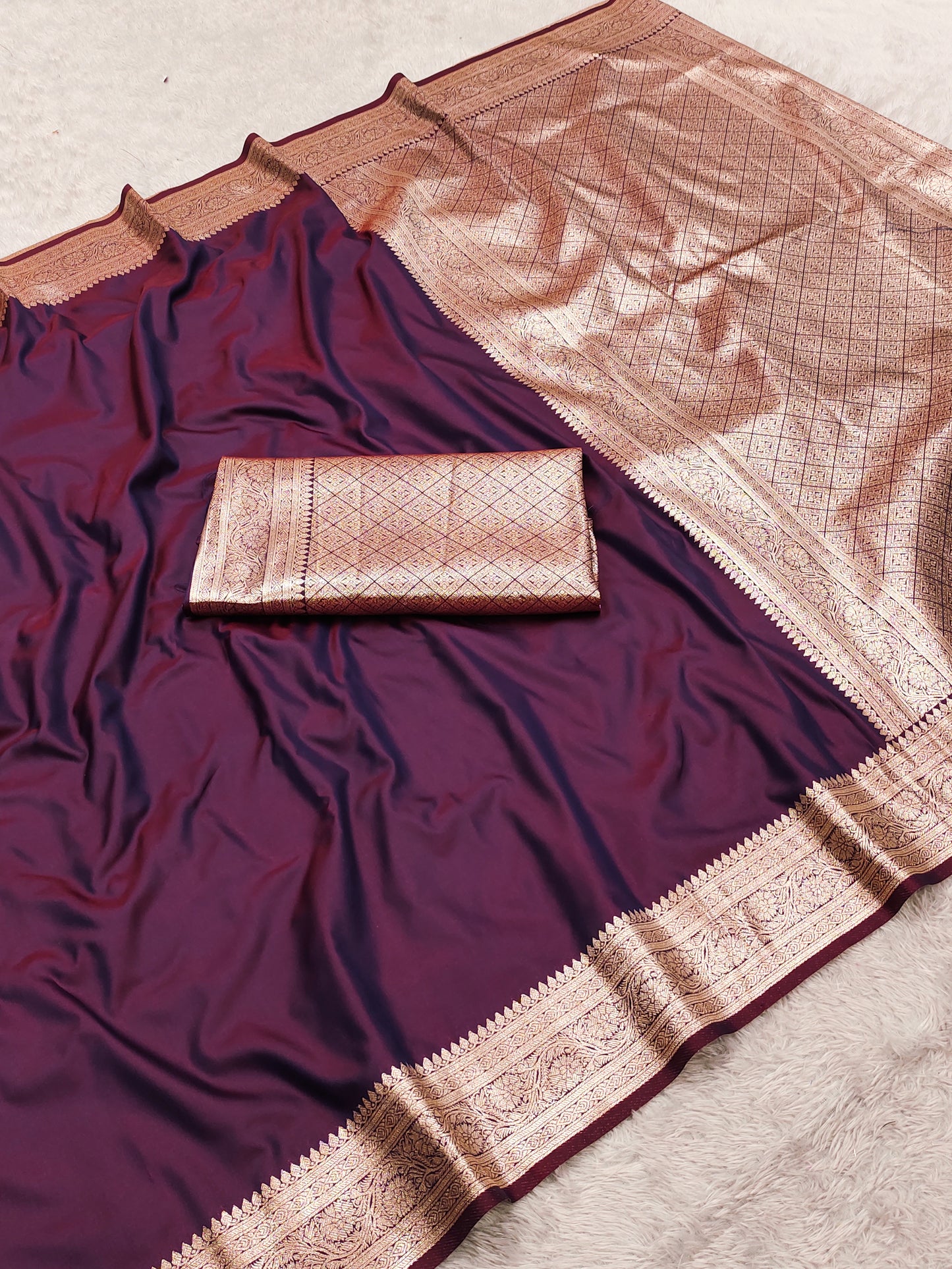 Royal Wine Purple Silk Saree with Antique Gold Zari Border & Rich Woven Pallu