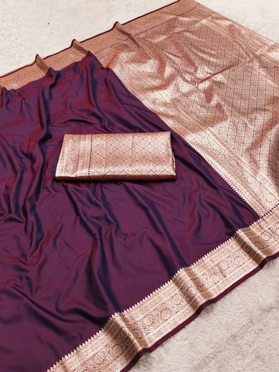 Royal Wine Purple Silk Saree with Antique Gold Zari Border & Rich Woven Pallu