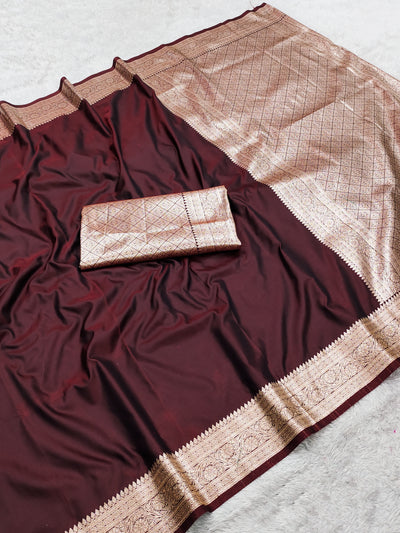 Wine Maroon Silk Saree with Antique Gold Zari Border & Rich Woven Pallu
