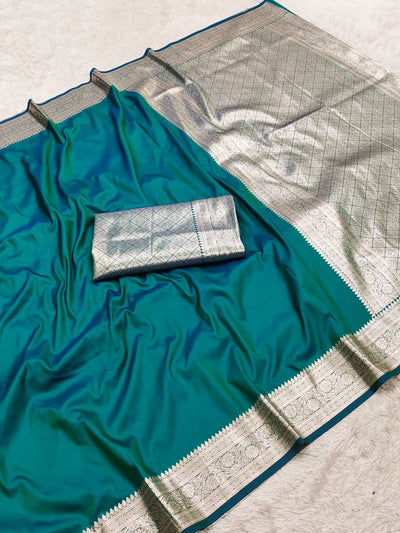Elegant Teal Blue Silk Saree with Silver Zari Border & Classic Woven Pallu