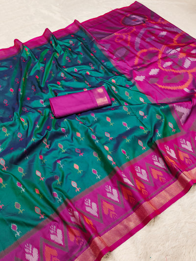 Teal Green Silk Saree with Pink Ikat Border & Artistic Contrast Pallu