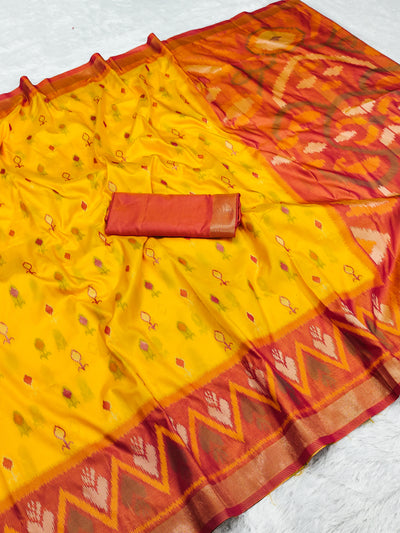 Mustard Yellow Silk Saree with Maroon Ikat Border & Artistic Contrast Pallu