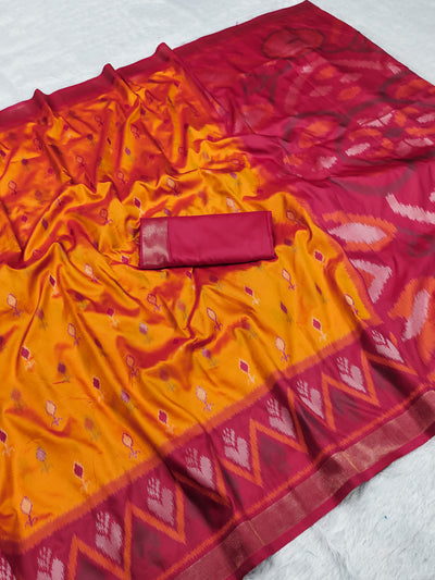 Mustard Orange Silk Saree with Wine Ikat Border & Designer Contrast Pallu