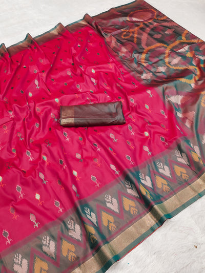 Rani Pink Silk Saree with Multicolor Ikat Border & Artistic Contrast Pallu