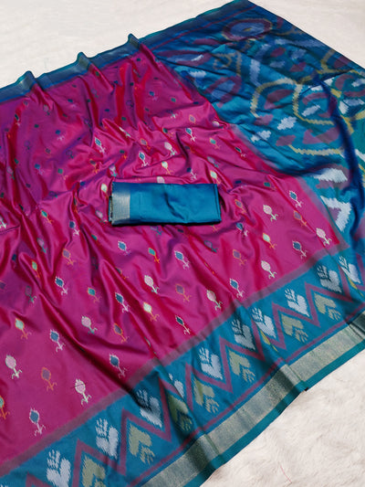 Magenta Silk Saree with Teal Ikat Border & Artistic Contrast Pallu