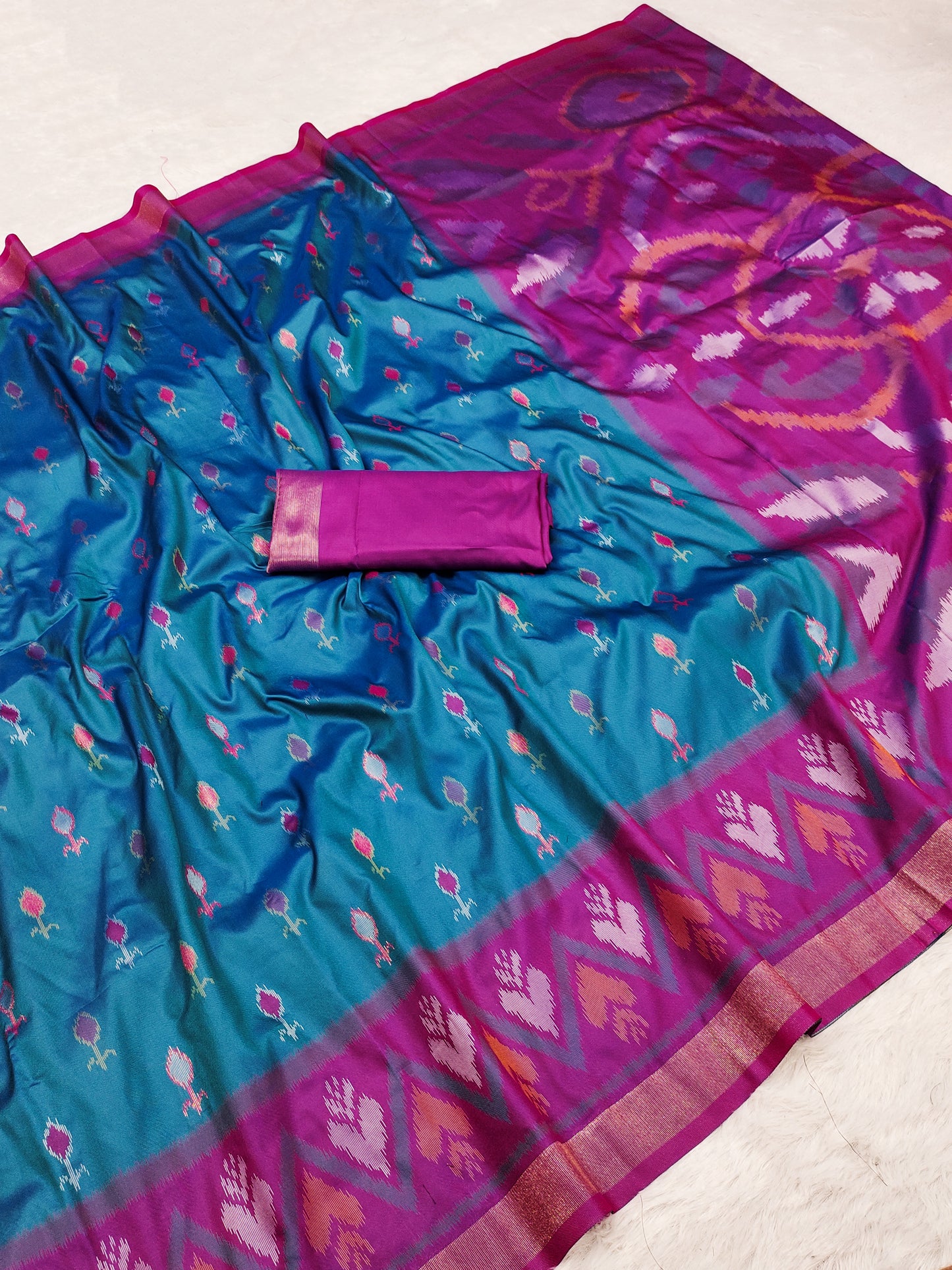 Teal Blue Silk Saree with Magenta Ikat Motifs Border & Contrast Pallu