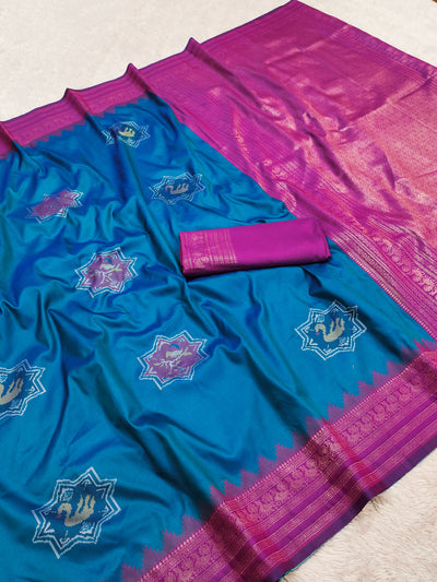 Blue Silk Saree with Magenta Woven Border & Designer Motif Pallu
