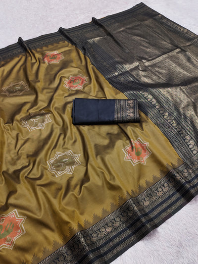 Olive Green Silk Saree with Black Woven Border & Traditional Motifs
