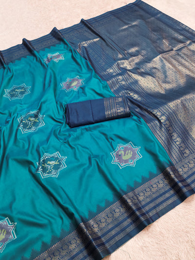 Teal Green Silk Saree with Navy Blue Border & Traditional Woven Motifs