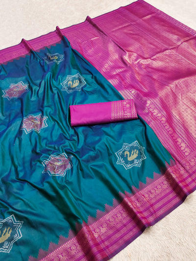 Teal Blue Silk Saree with Magenta Pink Border & Traditional Woven Motifs