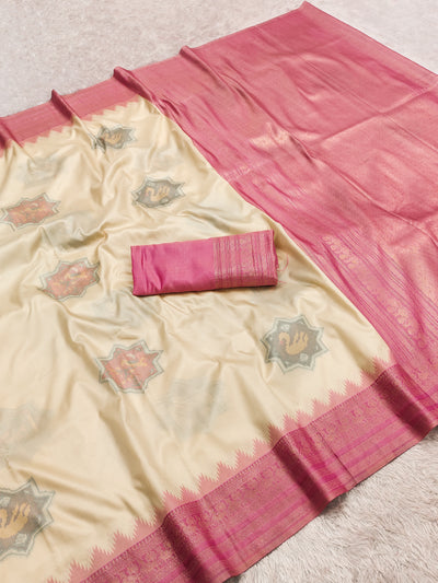 Ivory Cream Silk Saree with Rose Pink Contrast Border & Woven Star Motifs