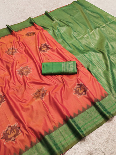 Rust Orange Silk Saree with Green Contrast Border & Woven Star Motifs