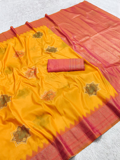 Mustard Yellow Silk Saree with Maroon Woven Border & Designer Motif Pallu