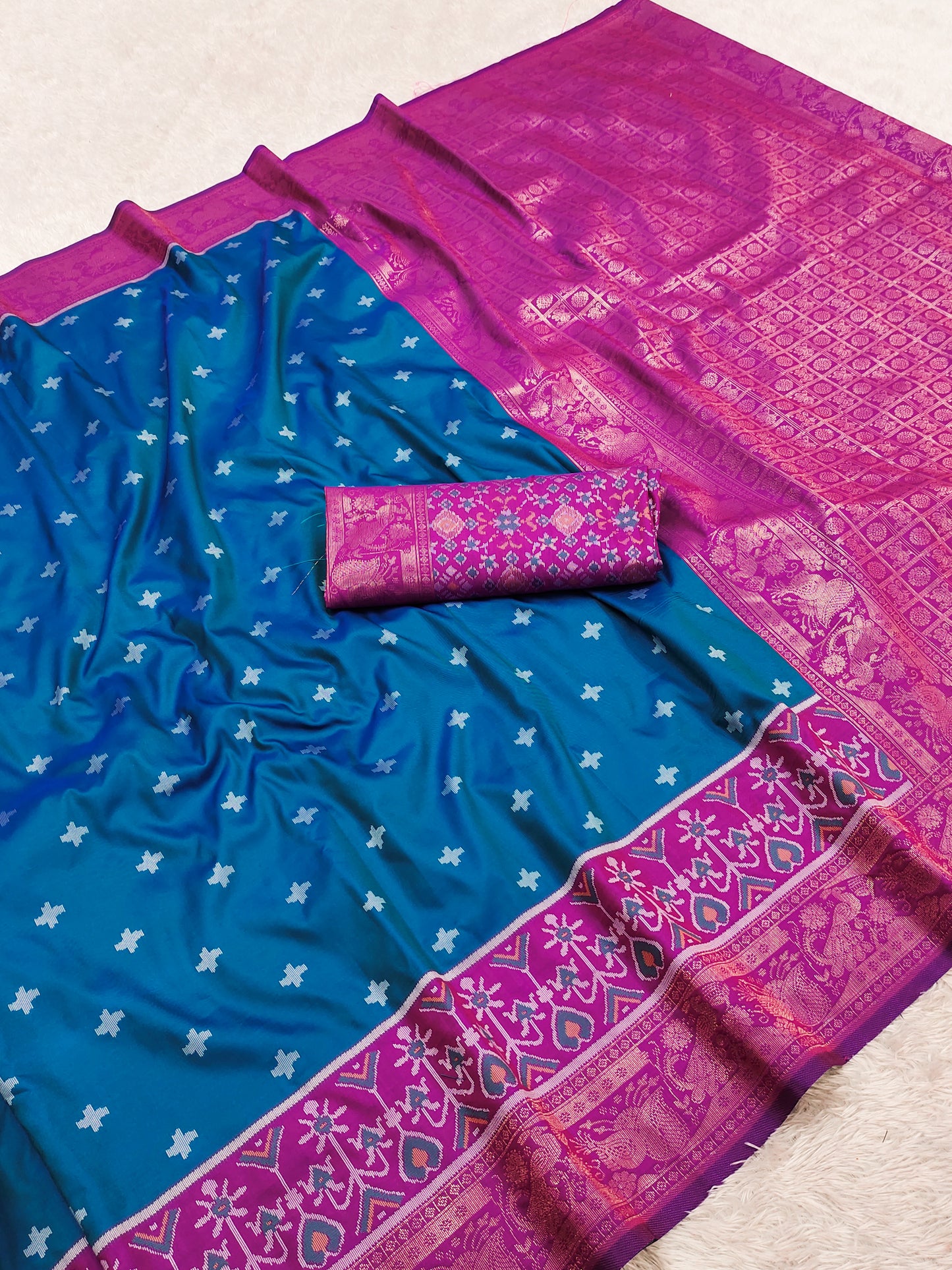 Teal Blue Luxury Silk Saree with Royal Magenta Banarasi Border & Grand Zari Pallu