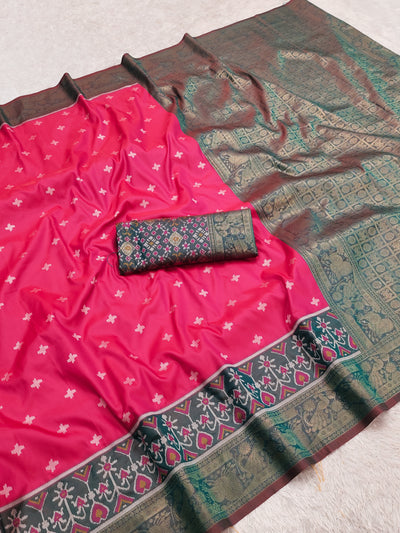 Rani Pink Luxury Silk Saree with Antique Teal Banarasi Border & Grand Zari Pallu