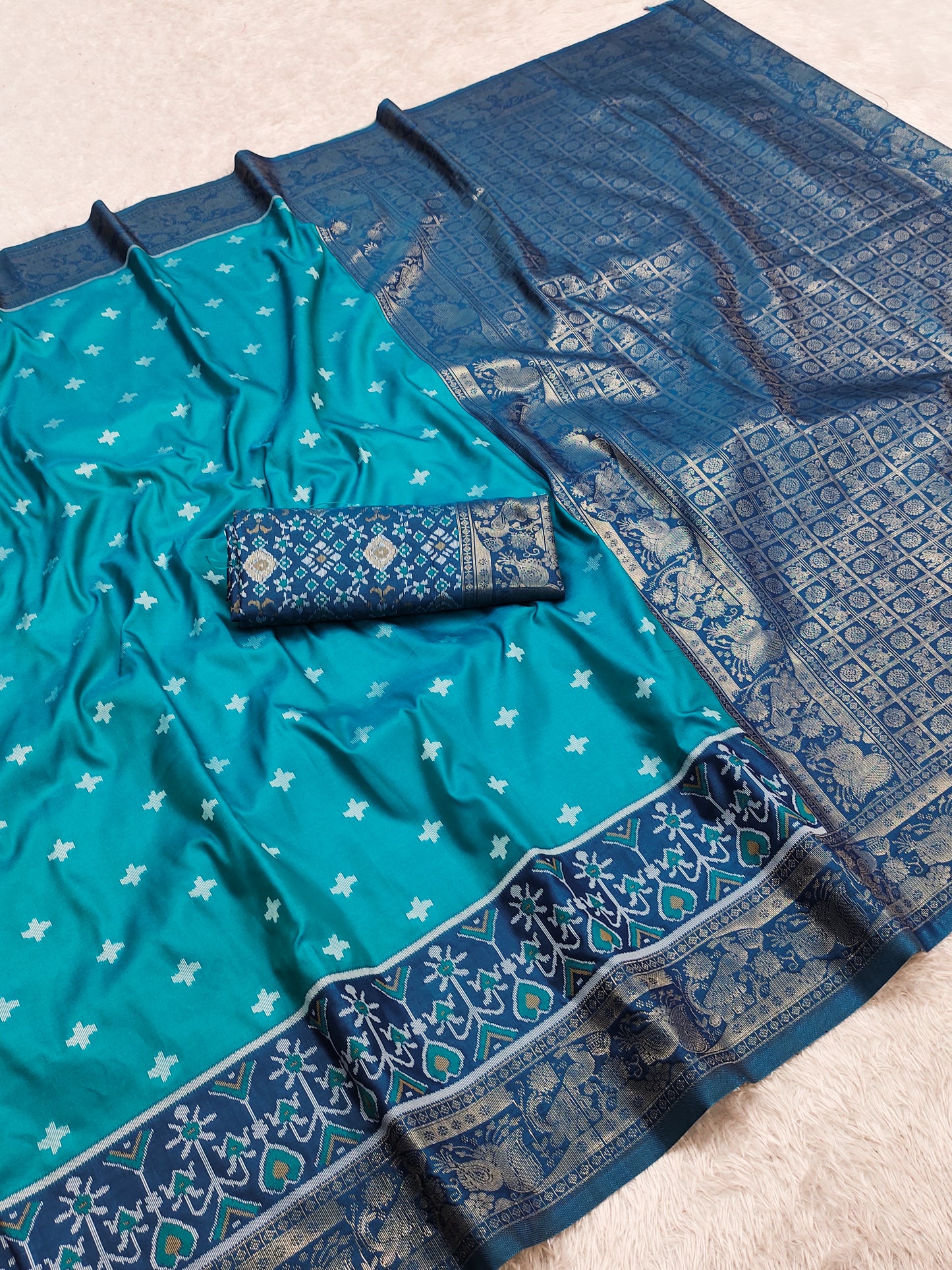 Teal Blue Luxury Silk Saree with Navy Banarasi Border & Antique Zari Pallu