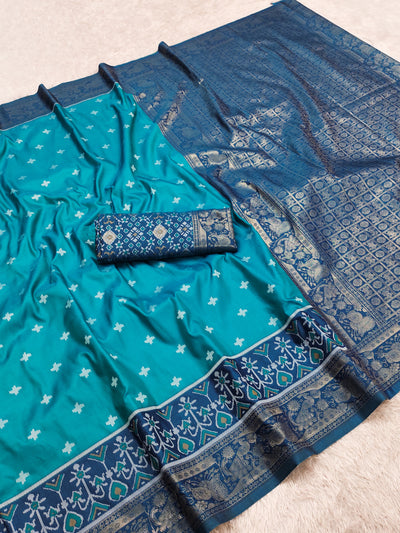 Teal Blue Luxury Silk Saree with Navy Banarasi Border & Antique Zari Pallu