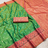 Emerald Green Luxury Silk Saree with Coral Banarasi Border & Antique Zari Pallu