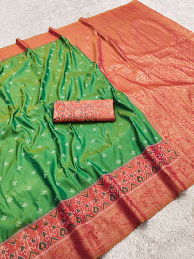 Emerald Green Luxury Silk Saree with Coral Banarasi Border & Antique Zari Pallu
