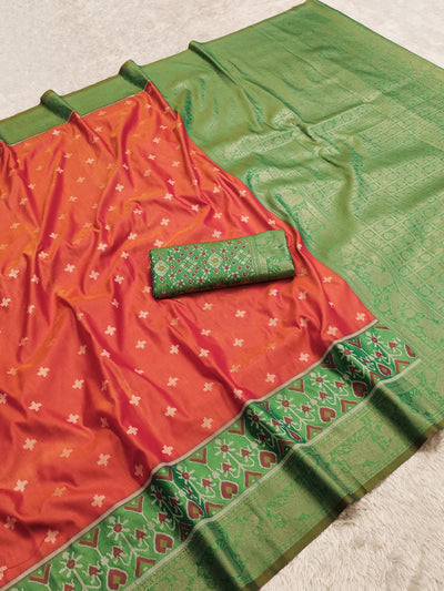 Verdant Green & Coral Flame Luxury Silk Saree with Antique Zari Banarasi Pallu