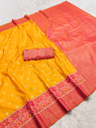 Sunlit Mustard Gold Luxury Silk Saree with Coral Red Banarasi Border & Antique Zari Pallu