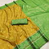 Mustard Gold Luxury Silk Saree with Parrot Green Banarasi Border & Antique Zari Pallu