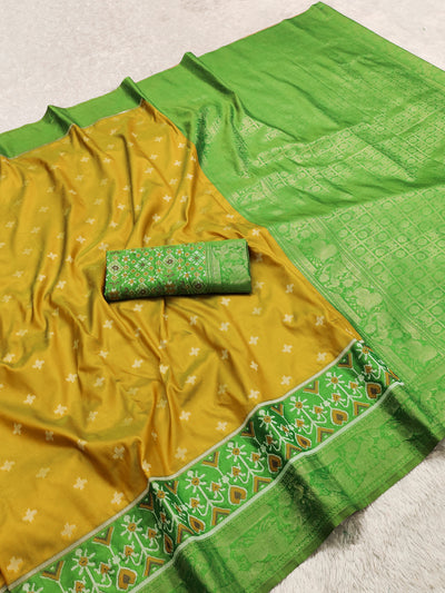 Mustard Gold Luxury Silk Saree with Parrot Green Banarasi Border & Antique Zari Pallu