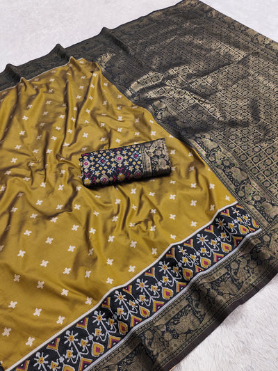 Mustard Gold Luxury Silk Saree with Black Antique Banarasi Border & Grand Zari Jaal Pallu