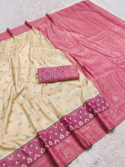 Ivory Cream Luxury Silk Saree with Rani Pink Banarasi Border & Zari Jaal Pallu