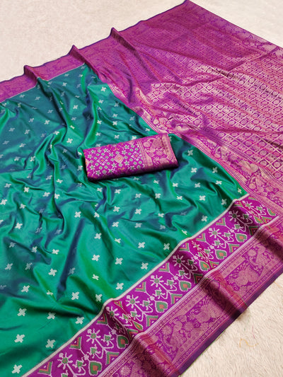 Emerald Teal Luxury Silk Saree with Royal Purple Banarasi Border & Zari Jaal Pallu