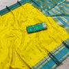 Bright Yellow Silk Saree with Gold Butta & Teal Blue Zari Striped Pallu