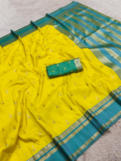 Bright Yellow Silk Saree with Gold Butta & Teal Blue Zari Striped Pallu
