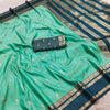 Mint Green Silk Saree with Gold Butta & Teal Blue Zari Striped Pallu