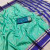 Sea Green Silk Saree with Gold Butta & Royal Blue Striped Pallu