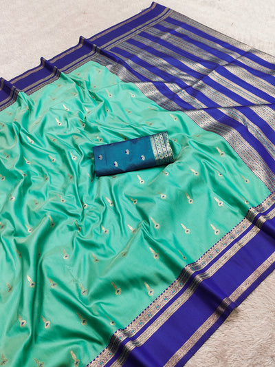 Sea Green Silk Saree with Gold Butta & Royal Blue Striped Pallu