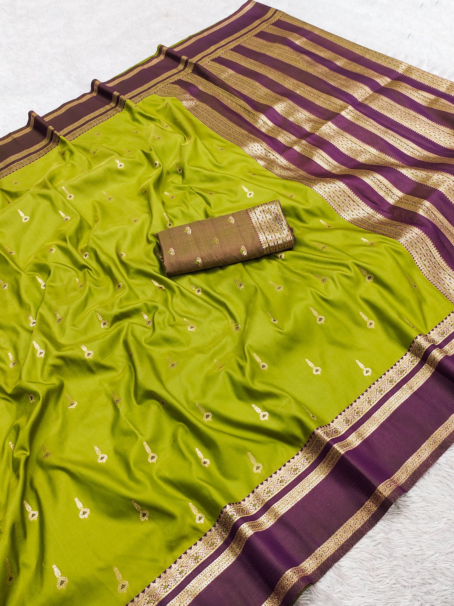 Parrot Green Silk Saree with Gold Butta & Wine Purple Striped Pallu