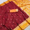 Maroon & Yellow Silk Saree with Gold Butta & Mustard Yellow Striped Pallu