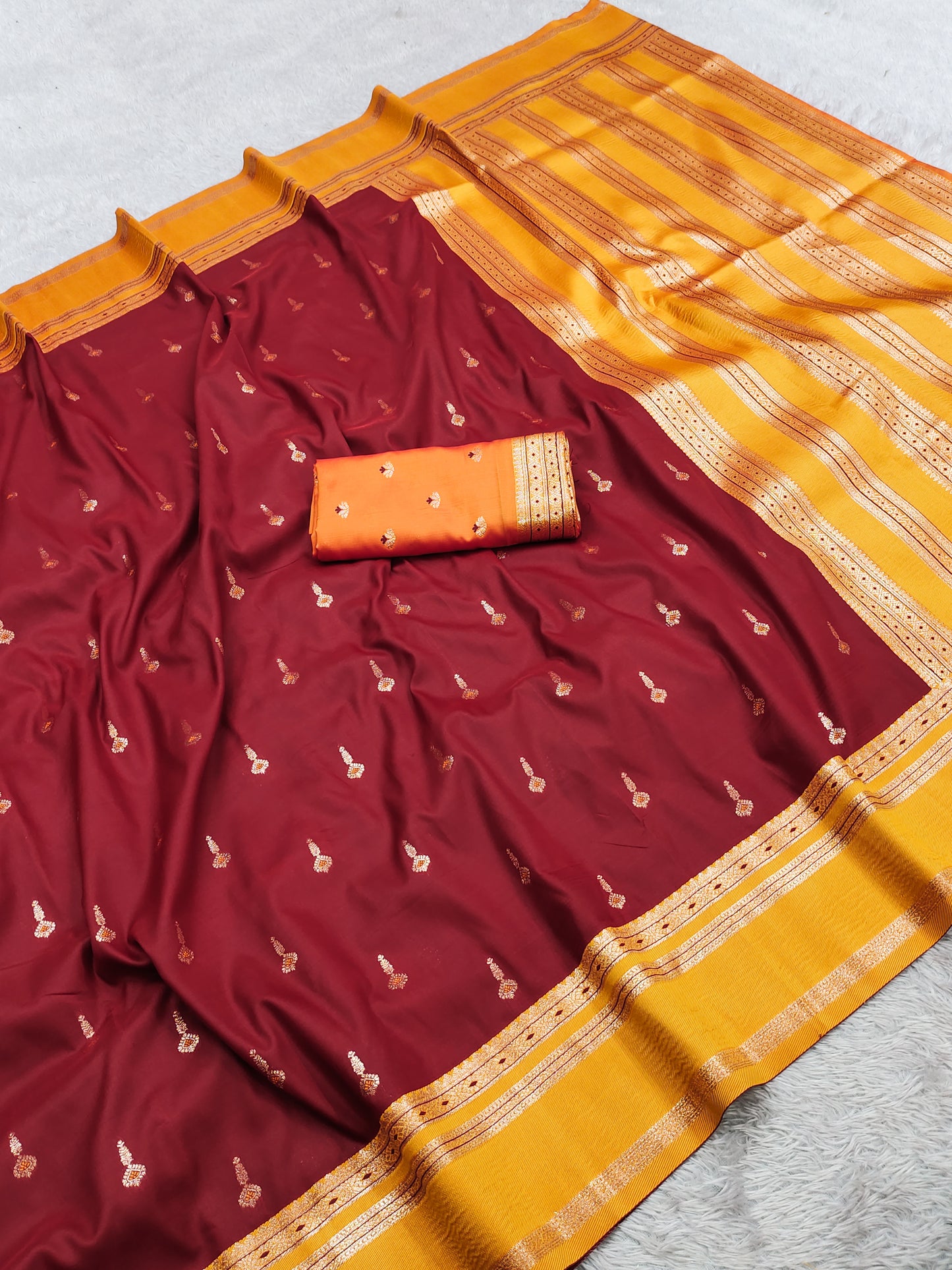 Maroon & Yellow Silk Saree with Gold Butta & Mustard Yellow Striped Pallu