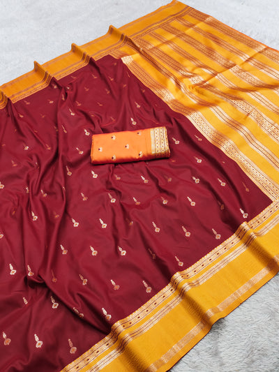 Maroon & Yellow Silk Saree with Gold Butta & Mustard Yellow Striped Pallu