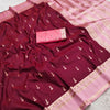 Wine Maroon Silk Saree with Gold Butta & Blush Pink Striped Pallu