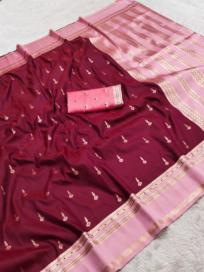 Wine Maroon Silk Saree with Gold Butta & Blush Pink Striped Pallu