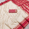 Ivory White Silk Saree with Gold Butta & Red Striped Zari Pallu