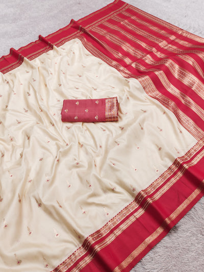 Ivory White Silk Saree with Gold Butta & Red Striped Zari Pallu