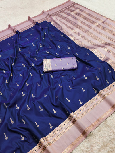 Royal Blue Silk Saree with Gold Butta & Blush Pink Striped Pallu